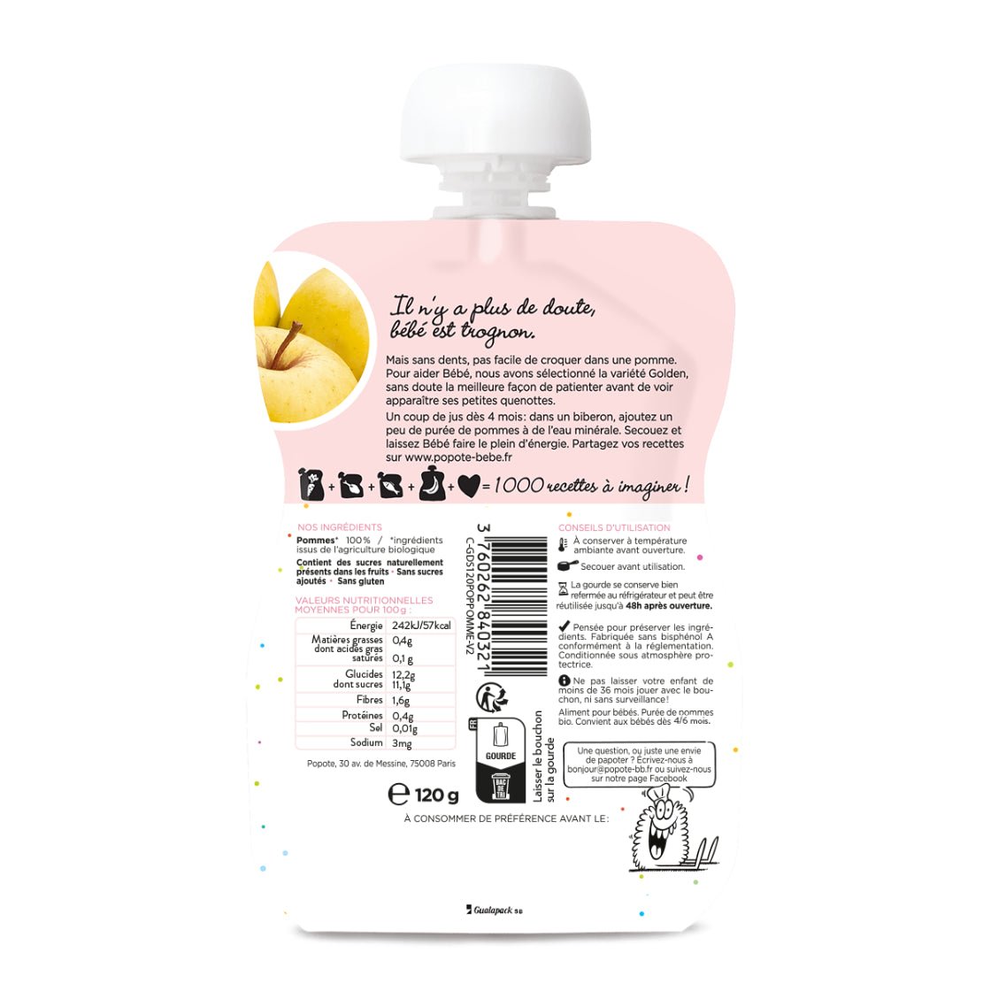 Composition et valeurs nutritionnelles compote bio pomme 120g bébé - Popote Bébé