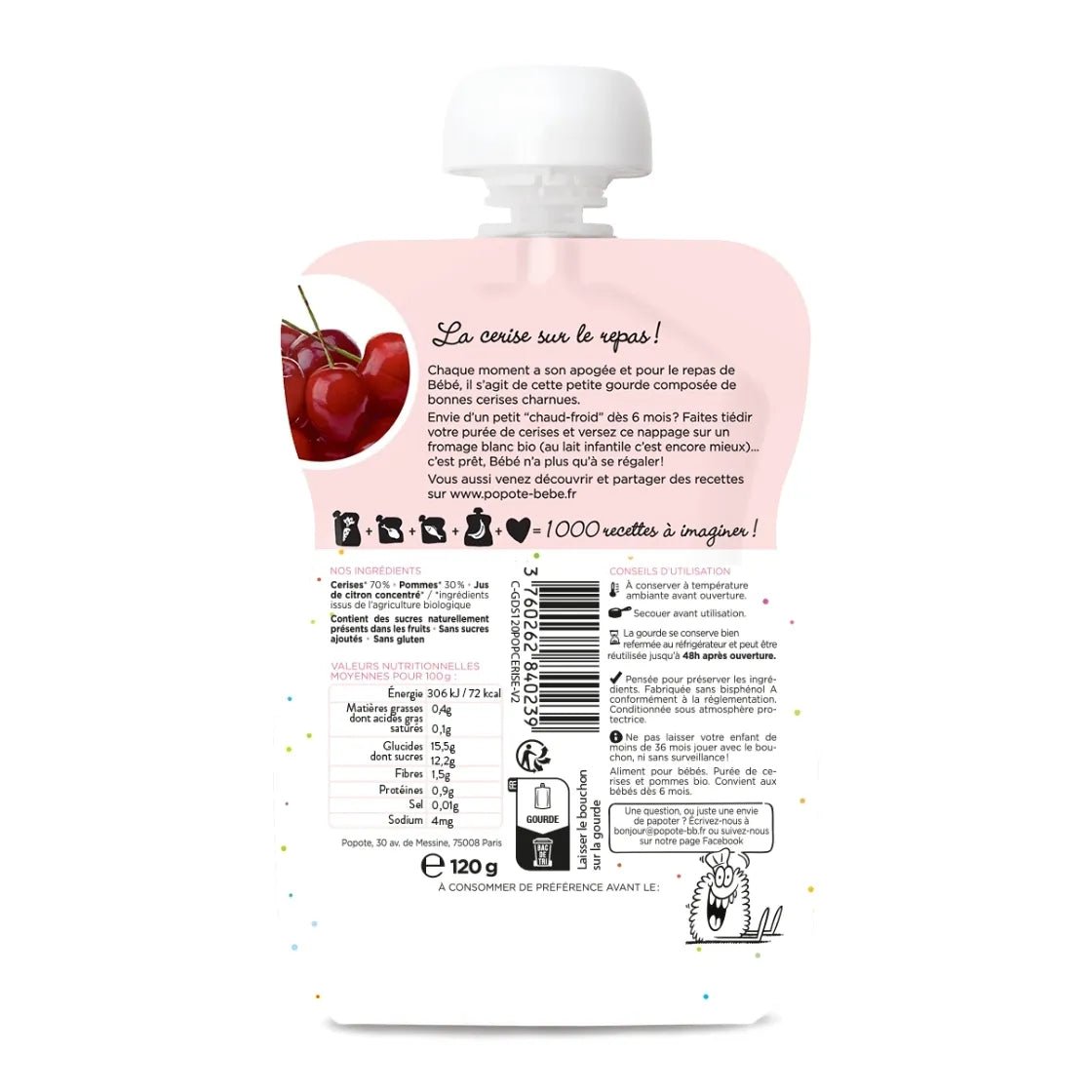 Composition et valeurs nutritionnelles compote bio cerises 120g bébé - Popote Bébé