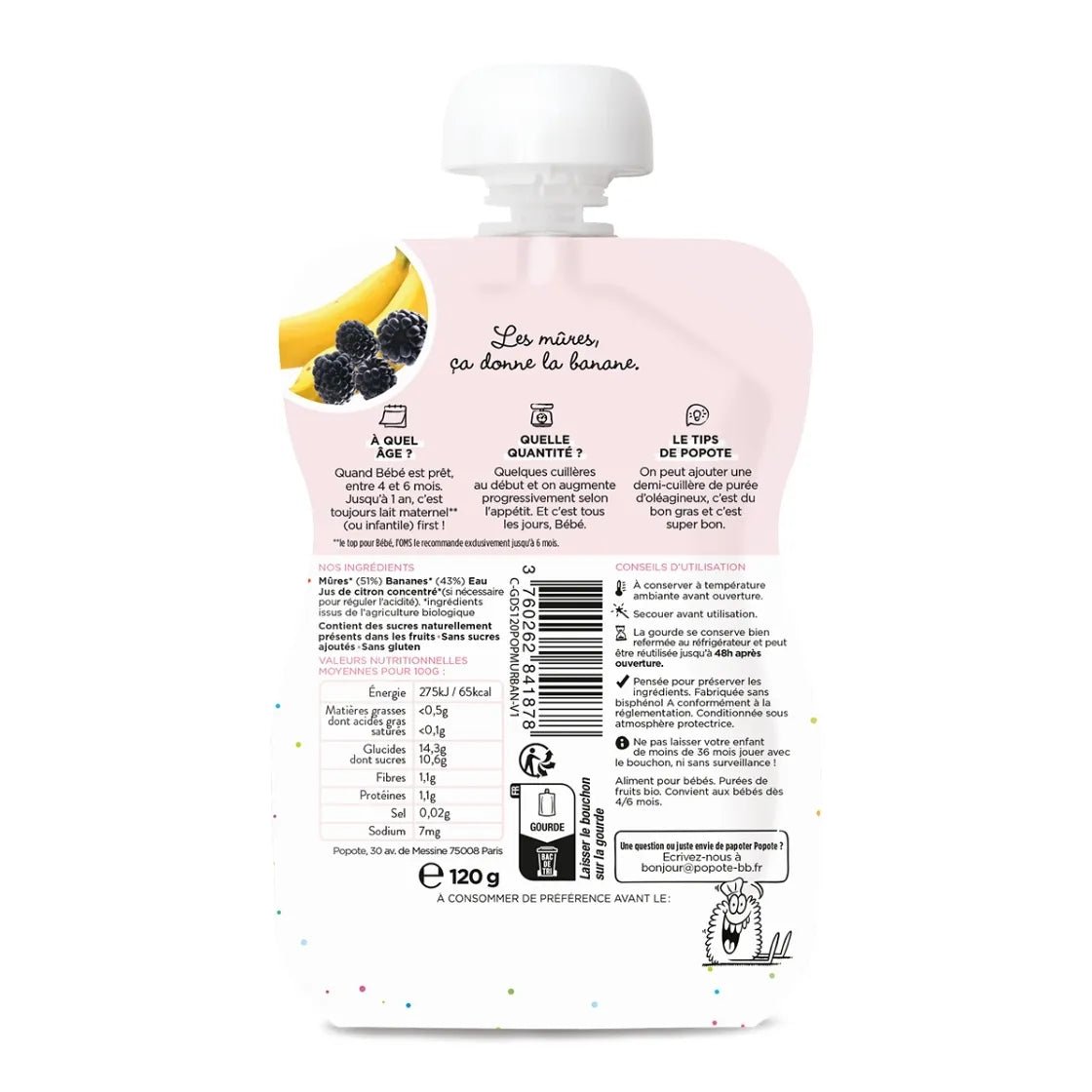 Composition et valeurs nutritionnelles compote bio mûres banane 120g bébé - Popote Bébé