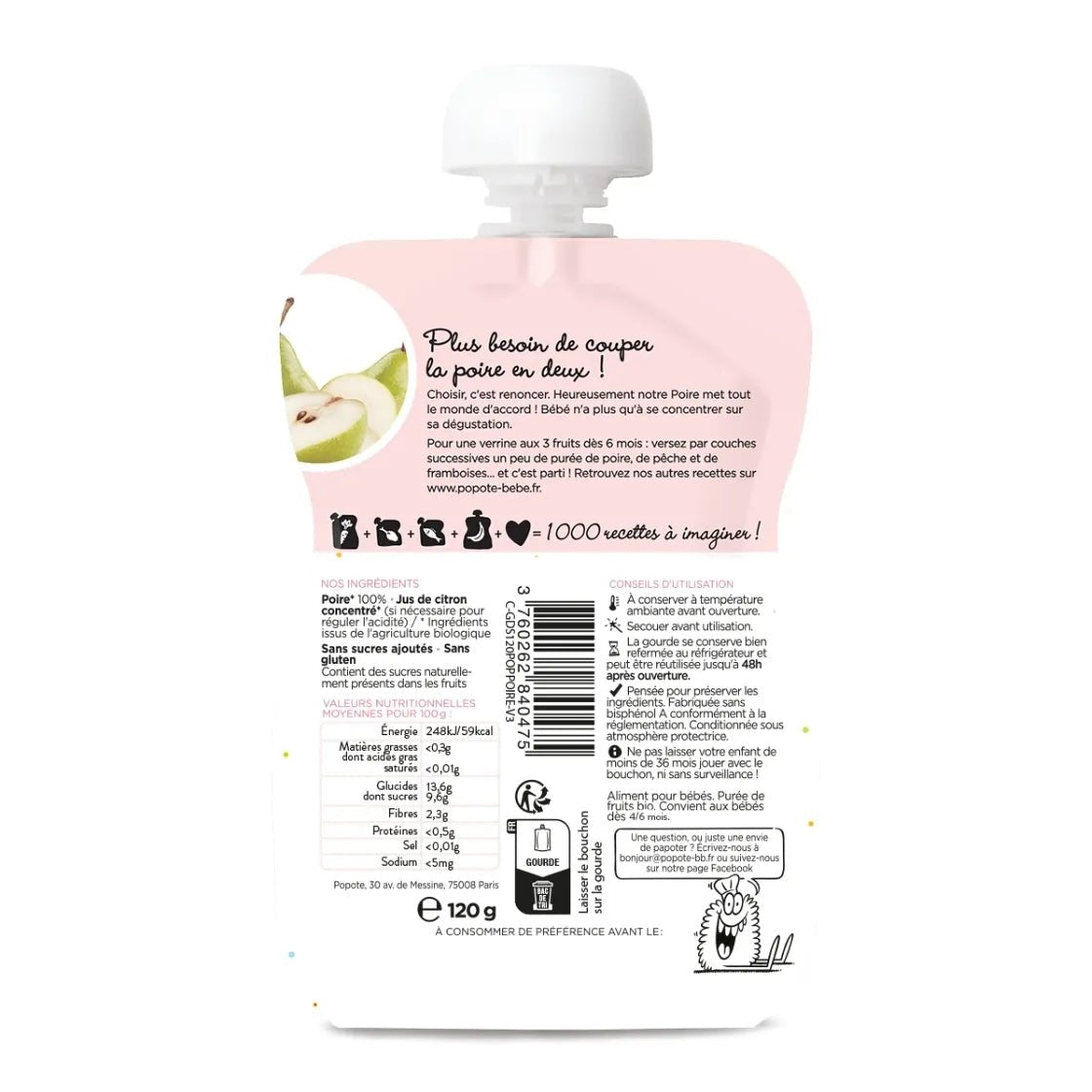Composition et valeurs nutritionnelles compote bio poire 120g bébé - Popote Bébé