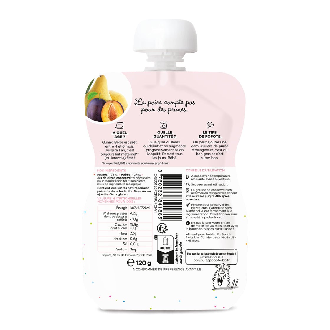 Composition et valeurs nutritionnelles compote bio prunes poire 120g bébé - Popote Bébé