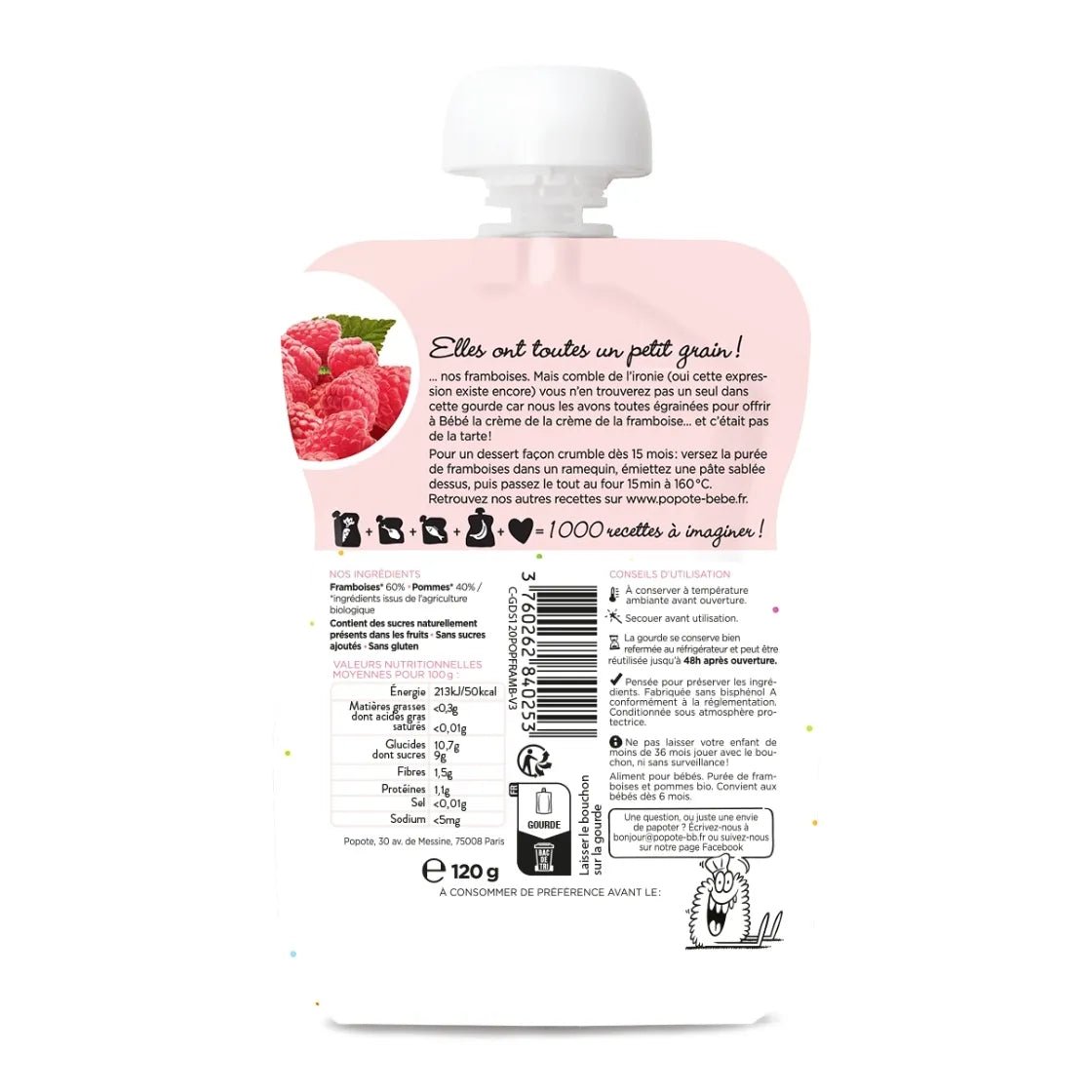 Composition et valeurs nutritionnelles compote bio framboises 120g bébé - Popote Bébé