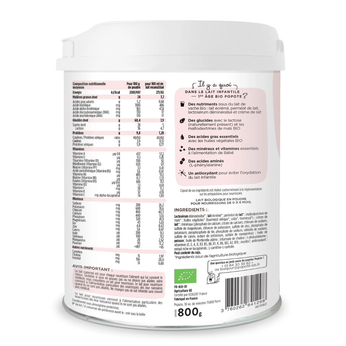 Le Lait 1er âge 800g - Popote Bébé