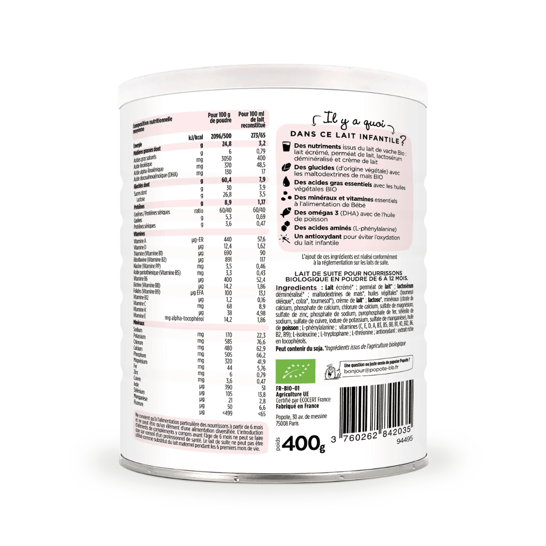 Le Lait 2ème âge 400g - Popote Bébé