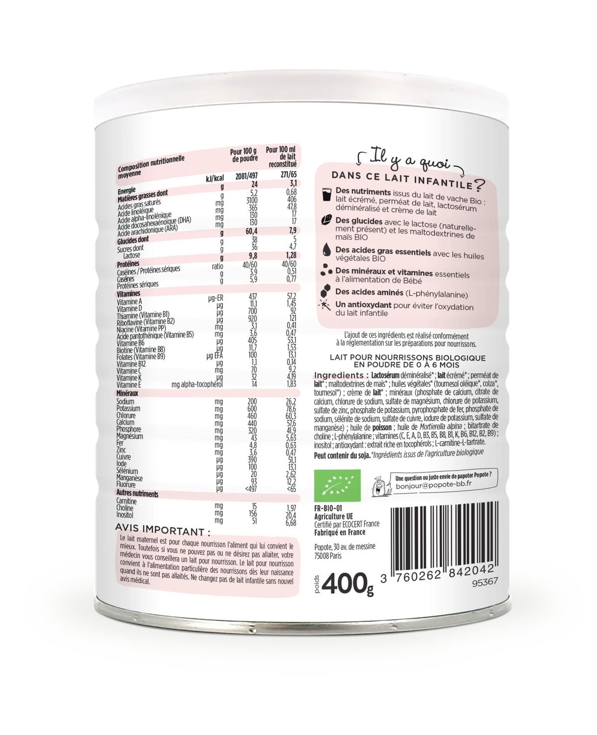 Le Lait 1er âge 400g - Popote Bébé